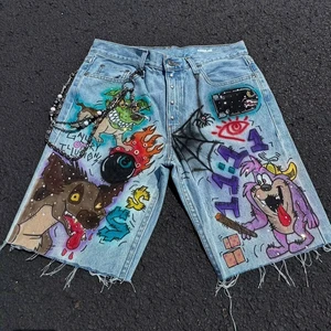 Custom Men's Graffiti Denim Jorts Oversized Baggy Washed Jean Shorts Private Label OEM Low MOQ Streetwear Wholesale Manufacturer
