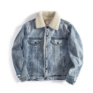 Casual OEM Denim Sherpa Jacket Loose Vintage Padded Faux Lambswool Plus Size With Fur Collar For Spring Season