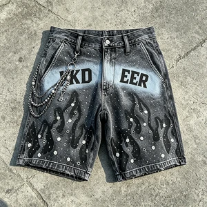 Y2K Grunge Men's Flame Denim Shorts Vintage Washed Rhinestone Streetwear Letter Print Chain Detail Baggy Jean Shorts