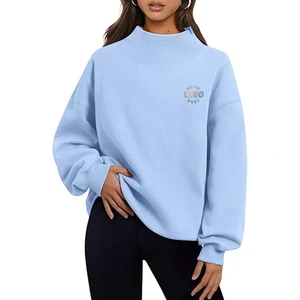 Custom Logo Sky Blue Crewneck Sweaters Oversized Embroidered Mock Neck Sweatshirt Turtleneck Sweatshirts Gym Wear Tops For Women