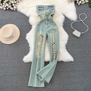 Women's Retro Chest Wipe Waistless Casual High-Waisted Hole Breaking Denim Wide-Leg Pants Jumpsuit Fashion