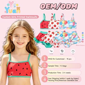 Custom Girls Spaghetti Strap Ruffle Two-Piece Swimsuits Quick Dry Watermelon Print Skirted Bikini Bathing Suits for 2-10Y Girls