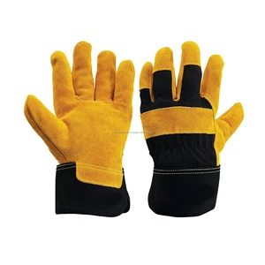 Black Yellow Leather Comfort Fit Safety Gloves Heavy Duty Cotton Cut Tear Resistant for Industrial Use for Machine Handling