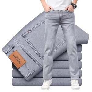 2024 Summer Men's High Elastic Sand Wash Jeans Comfort Straight Leg Denim Business Casual Stretch Trousers Daily Office Wear