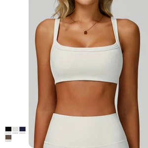 Double Strap Ribbed Yoga Bra Hollow Out Back Tight Fashionable Workout Athletic Sports Bra