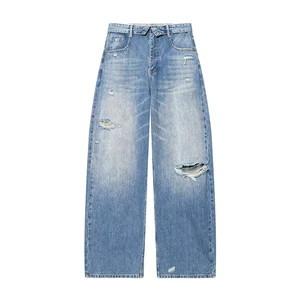 ZATRHMBM Spring 2026 New Fashion Ripped Jeans Retro Solid Color High-Waisted Casual Women's Trousers