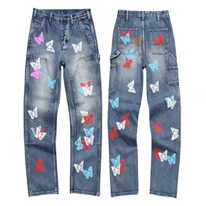 High Quality Street Cotton Denim Pants for Puff Printing Colorful Butterfly Vintage Plus Size Men's Straight Jean Bottom Trouser