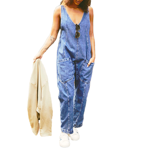 Autumn and Winter New European V-neck Pocket Sling Adjustable Suspenders Denim Jumpsuit Trousers