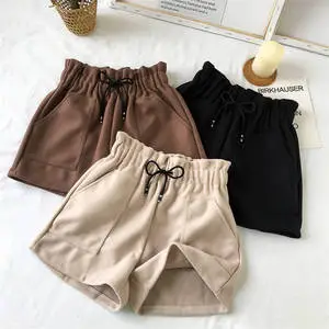 New Fashion Women Girls Solid Color Elastic Waist Korean Thicken High Waist Wide Leg Trousers Loose Woolen Casual Shorts