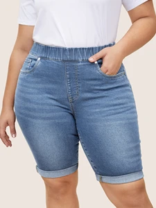 2026 Plus Size High Elastic Waist Cuffed Knee Length Denim Bermuda Shorts Women Casual Summer Medium Wash Stretch