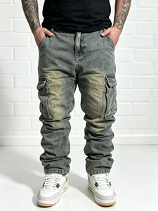 Vintage Medium Wash Men's Straight Cargo Pants Streetwear Grunge Double Knee Denim Trousers Big Tall Regular Fit Autumn