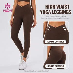ODM HUCAI Custom No Front Seam Contour Women's V-Waist Gym Fitness Yoga Pant Adjustable High Waisted Fitness Workout Leggings