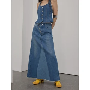 Summer A-Line Skirt Suit Women's Halter Denim Vest Short Spliced Color Women's Cowboy Suit Custom Denim Set Women Two Piece