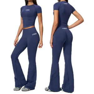 DY Custom LOGO Halter Top High Waist Flare Leggings Gym Fitness Scrunch Yoga Set For Women Leisure Seamless Suit Running