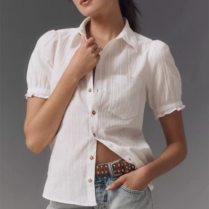 Custom Logo Vintage Woven Spring Summer Casual Simple Women's Linen Cotton Turn-down Collar Puff Sleeve Plus Size Blouse/Shirts