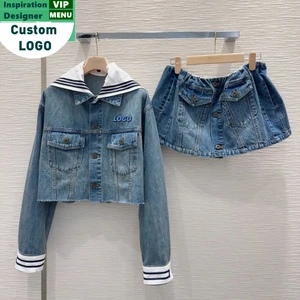 Fashion Clothing Womens Two Piece Set Detachable Navy Collar Denim Set Cotton Denim Jacket & Skirt Set