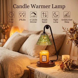 Stepless Dimming Amber Faceted Glass Candle Warmer Lamp With Wood Base And Black Metal Stand