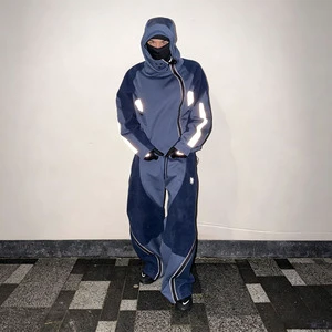 Manufacturer Custom Color Block Vintage Tracksuit Men Contrast Panel Hooded Jacket Wide Leg Pants Urban Streetwear Two Piece Set