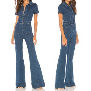 Fashion Boot Cut Jean Jumpsuits Overalls Women Work Wear Short Sleeves Patch Pocket Button Fly Cotton Denim Jumpsuit