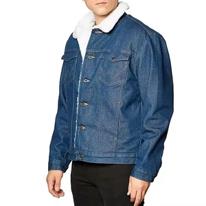 Men's Eco-Friendly Vintage Denim Jeans Jacket Stand Collar Horn Button Closure Faux Fur Lining Pattern Embroidered Street