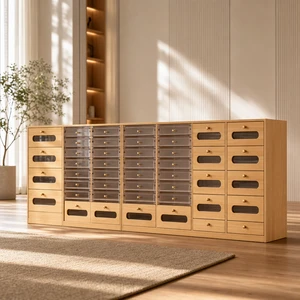 Custom Solid Pine Nail Salon Storage Cabinet with Multi Clear Drawer, Long Counter Nail Polish Display Organizer for Nail