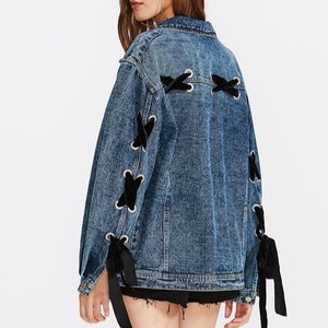 Wholesale Vintage Eyelet Lace Up Long Denim Jacket Women Blue Jean Jackets