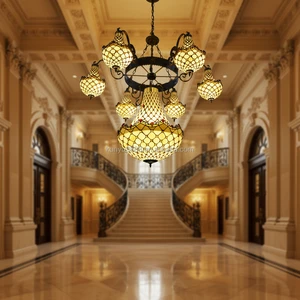European Style Long Multi-head Glass Engineering Chandelier Vintage Style Hotel Restaurant Villa Luxury High-rise Pendant