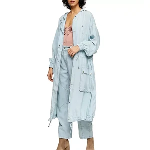 Women's Casual Custom Long Hooded Jacket Straight Leg Blue Jean Trousers Loose Fit Blazer Solid Pattern Denim Coat Pants Suit