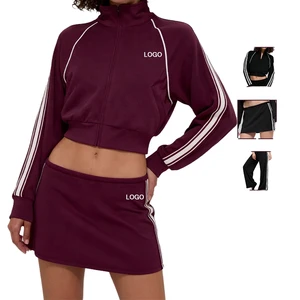 New Solid Plus Size Knitted 3-Piece Women's Jacket Sweatpants Hoodie Skirt Set with Front Logo Elastic Waist Casual Sports Suit