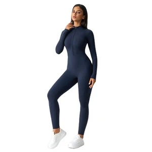Women Long Sleeve Zip Front Buttery Soft Breathable Sculpting Yoga Jumpsuit Four-Way Stretch Fitness Bodysuit