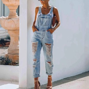 Channel Summer Light Blue Women's Casual Distressed RIpped Adjustable Long Jean Denim Overall Jumpsuits With Pockets
