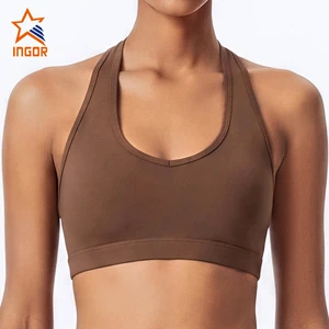 Custom Logo Womens Halter Neck Sports Bra Padded Open Back Yoga Bra Buttery Soft Strappy Workout Bra For Fitness Gym Pilates