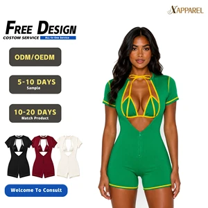 A&J OEM ODM Custom Logo High Quality Women Cut Out Tie Bow Zip Up Short Romper Contrast Trim Sexy Club Wear Manufacturer MOQ50