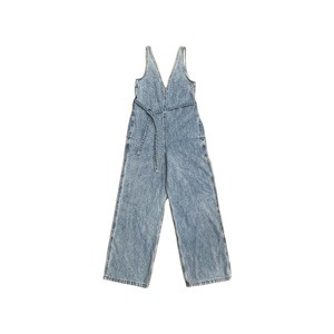Women's Denim Jumpsuit Sleeveless V Neck Cotton Overalls High Waist Straight Leg Long Pants Belted Light Blue Washed Jean Romper