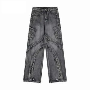 Custom Logo Men's Vintage Style Solid Denim Jeans Spring Fashion Straight Wide Leg Baggy Pants Plus Size Light Autumn