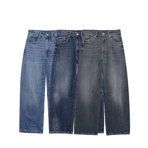 Factory Wholesale Men's Black Straight Washed Wide-Leg Jeans Simple Loose Style Knitted Denim Fabric Street Fashion Casual Style