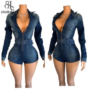 Denim Bodycon One Pieces Rompers Women Belt Long Sleeve Jeans Jumpsuits