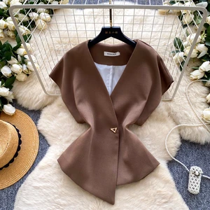 Spring Short Sleeve V-neck Casual Blouses Women Solid Shirts Ladies Casual Tops Clothes Women Wholesale