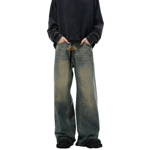 New Vintage Men's Washed Denim Jeans American Clean Fit Straight Wide Leg Loose Fit Long Pants Mid Waist Casual Trousers for