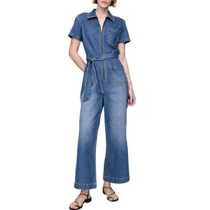 Women Denim Overalls Belted Wide Leg Soft Wash Casual Full Length Summer High Waist Dark Wash with Pockets Vintage 100% Cotton