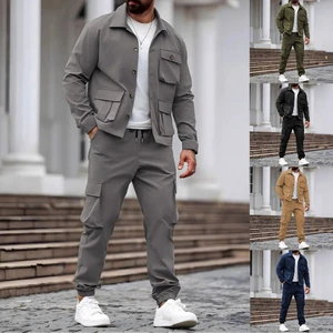 Spring and Autumn Men's Casual Sports Suit Two-piece Set with Multiple Pockets for Daily Casual Wear
