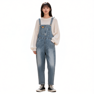 N067 Women's Denim Overalls Mid Waist Loose Fit Stonewashed Cotton Casual Spring Style With Pockets