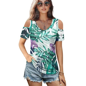 Latest Trendy Hawaiian Beauty Womens V Neck Cold Shoulder Tops Short Sleeve T Shirts Loose Basic Sexy Casual Blouses for Summer