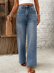 High Quality Blue Denim Women's Pants Breathable Button Closure Wide-leg Jeans Simple Logo High Waist Summer Zippers Casual