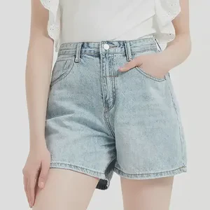 Stonewashed Denim Shorts Women's Casual Light Blue Straight Leg Cotton Shorts Summer Fashion Simple Style