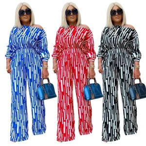 Women's Striped Printed Long-Sleeve Off-Shoulder Casual Suit Popular Plus Size Sets for Autumn