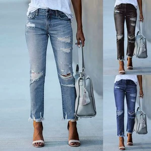 Women's Slim Solid Color Versatile Ripped Denim Jeans