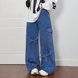 Ssy American Style Bow Tie Overalls Denim Jeans Women's Casual Summer Straight-leg Plus-size Cotton Viscose Non-elastic Trousers