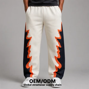 Private Label Streetwear Cut Sew Panel Cotton Breathable Baggy Straight Leg Pants Flame Applique Side Trim Men Beige Sweatpants