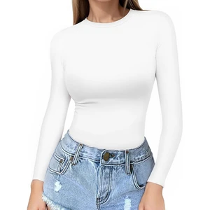 Customized Women's Long Sleeve Crew Neck T Shirts Basic Tee Tops with Hole Decoration Fitted Tight Neck Made From Natural Bamboo